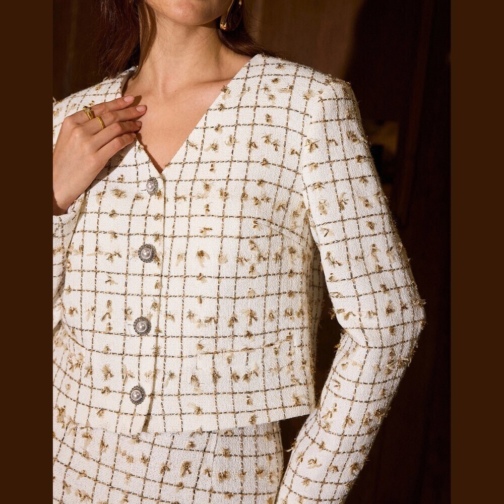Cream Gold Tweed Pearl Button Collarless V-Neck Cropped Jacket